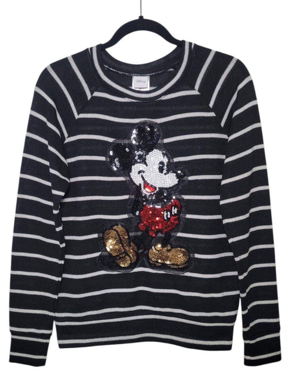 Disney Jerry Leigh Mickey Mouse Striped Sequin Knit Sweater Black White Medium